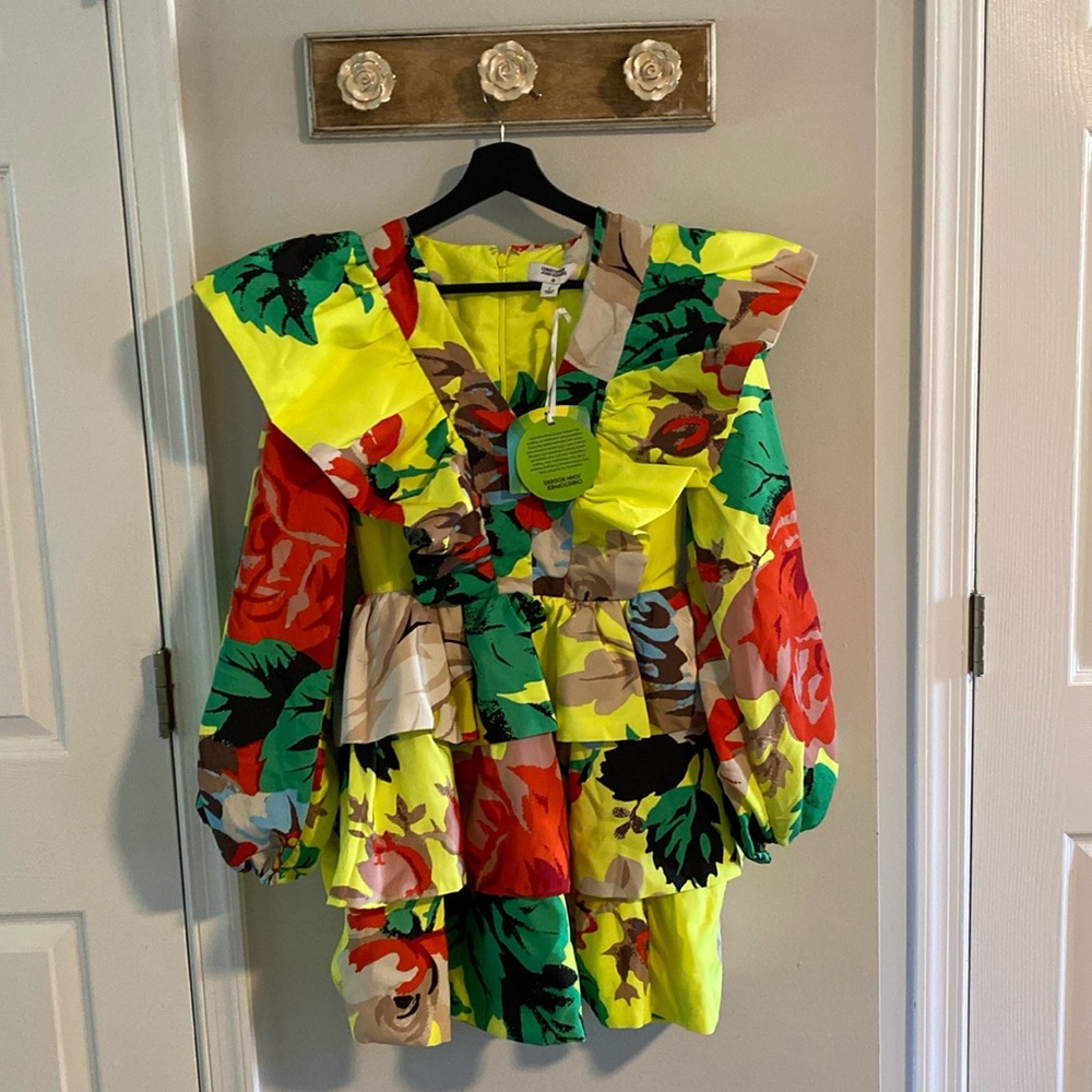 Christopher John Rogers Yellow Long Sleeve Dressy Floral Multicolor Mini Dress